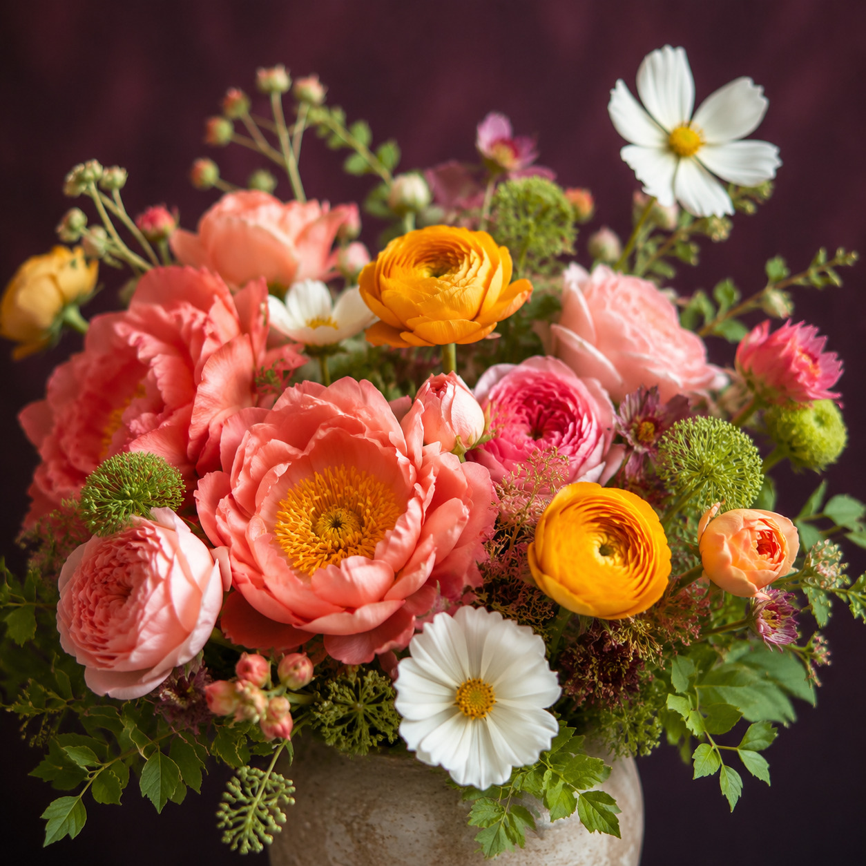 Colorful bouquet of fresh flowers in pink, orange, yellow, and white